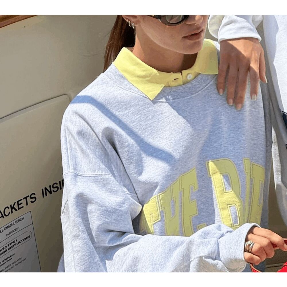 The Bar Varsity Sweatshirt in Lt Heather Grey/Lemon - Picture 3 of 13